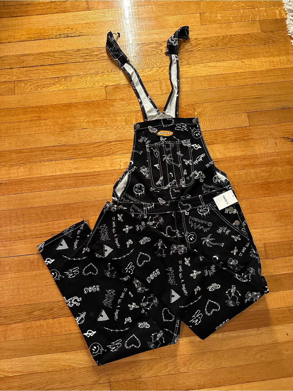 Forever 21 X Airwalk Graffiti Fun Overalls Black Size L Scribbles Skates Space